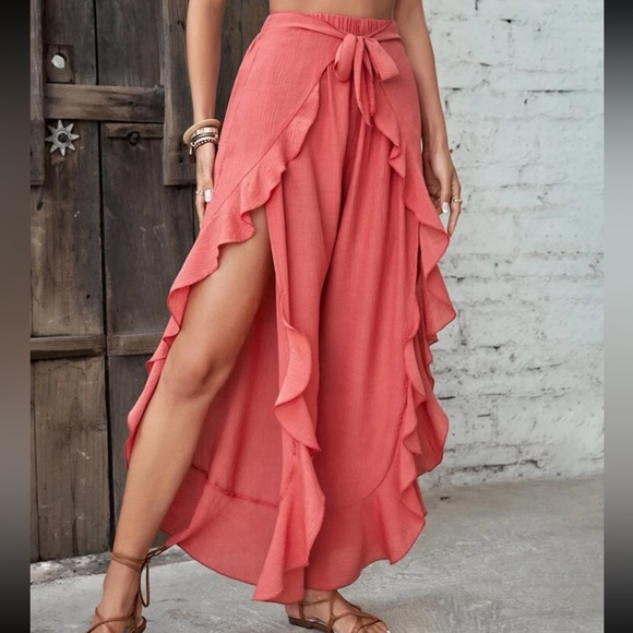 Boho Ruffle Slit Thigh Belted Wide Leg Pants - Picture 6 of 6